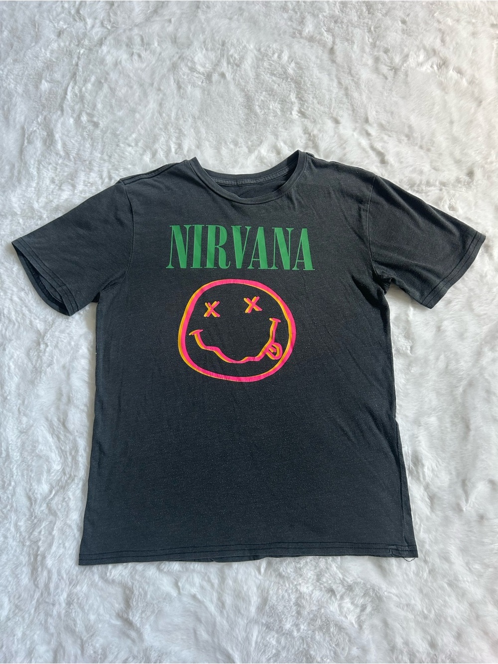 Nirvana women’s Gray Graphic Tee with Neon Smile Logo